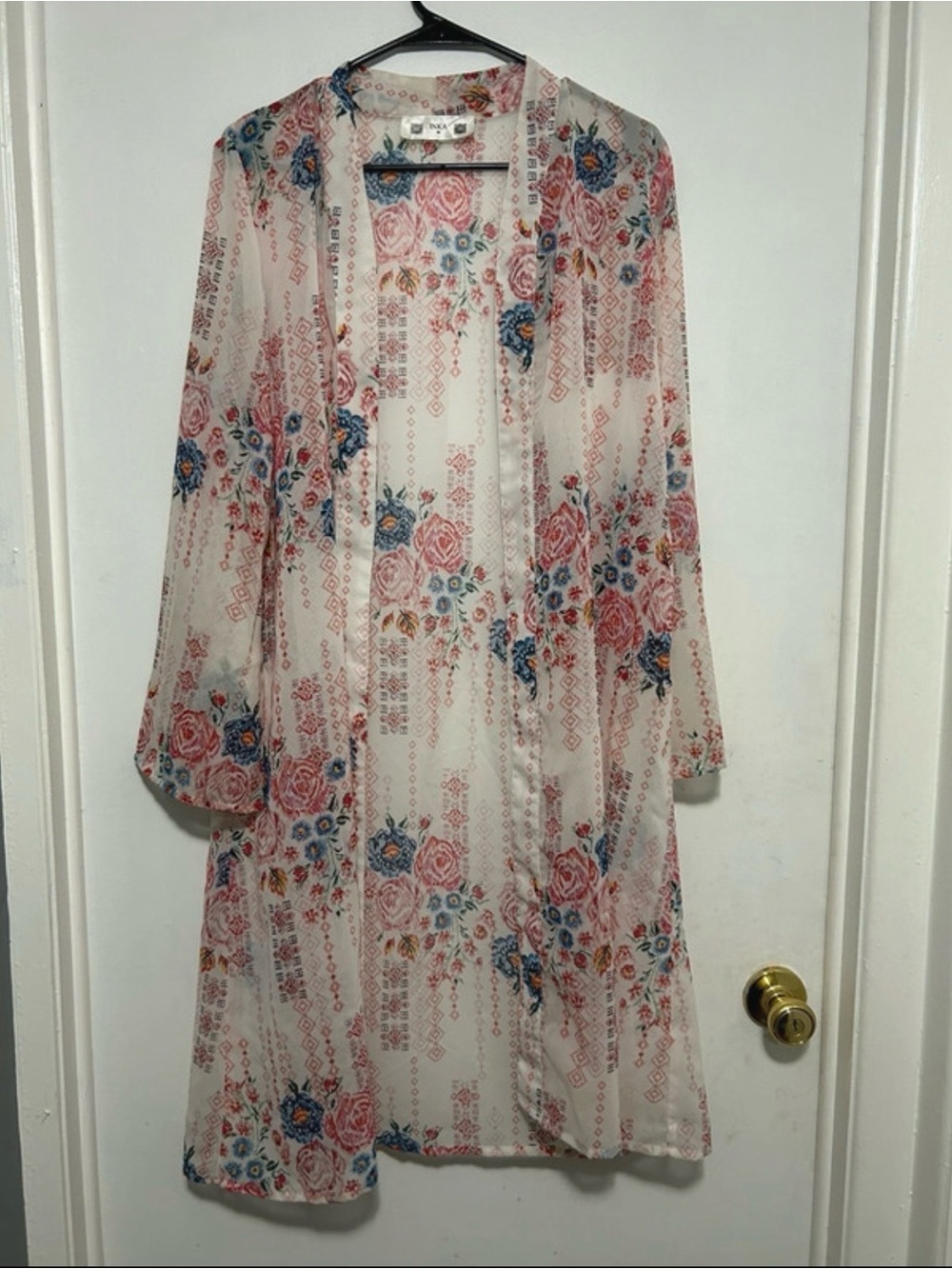 Sheer Floral Open-Front Cardigan - Pink & Blue Kimono